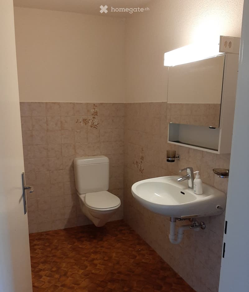 small bathroom with toilet, sink, mirror, and tiled walls