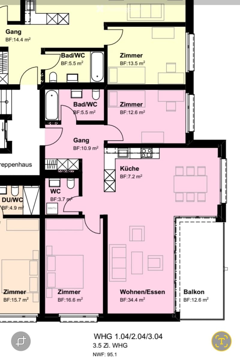Floor plan of a 3.5-room apartment with living/dining area, kitchen, 2 bedrooms, 2 bathrooms, hallway, and balcony.