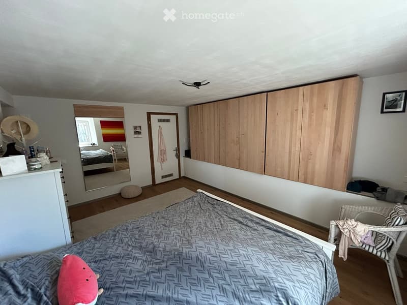 Double bed, bedspread, large windows, wooden closets, rug, lamp, wicker chair, framed picture on wall, mirror with reflection of bed