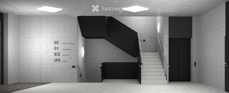 Modern, minimalist hallway with a raised ground floor, concrete walls, and a staircase leading upwards.