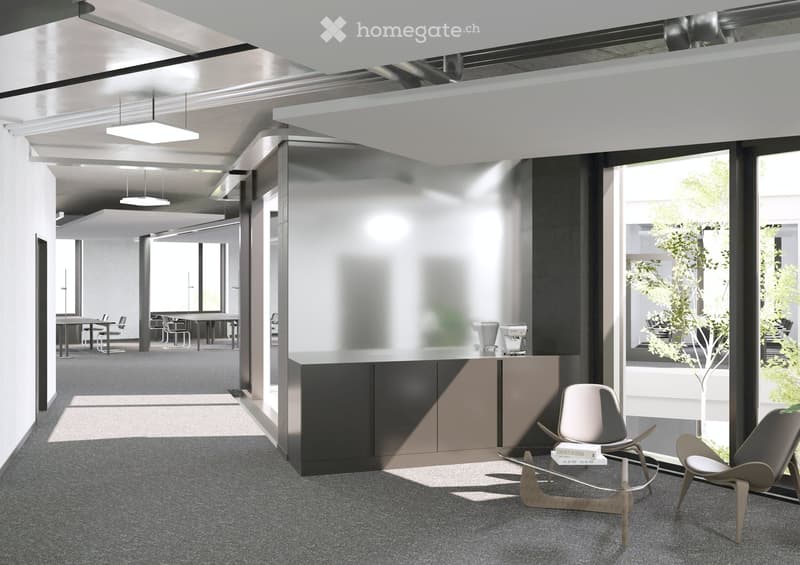Modern, minimalist office space with a reception area, glass walls, sleek furniture, and a coffee machine on the counter.