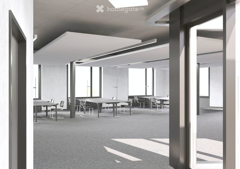 Modern, minimalist meeting room with grey carpet, large windows, grey tables, and chairs arranged in rows.