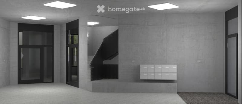 Modern, minimalist hallway with concrete walls, recessed lighting, and a staircase leading upwards. Features include a mail box unit and a glass door leading outside.