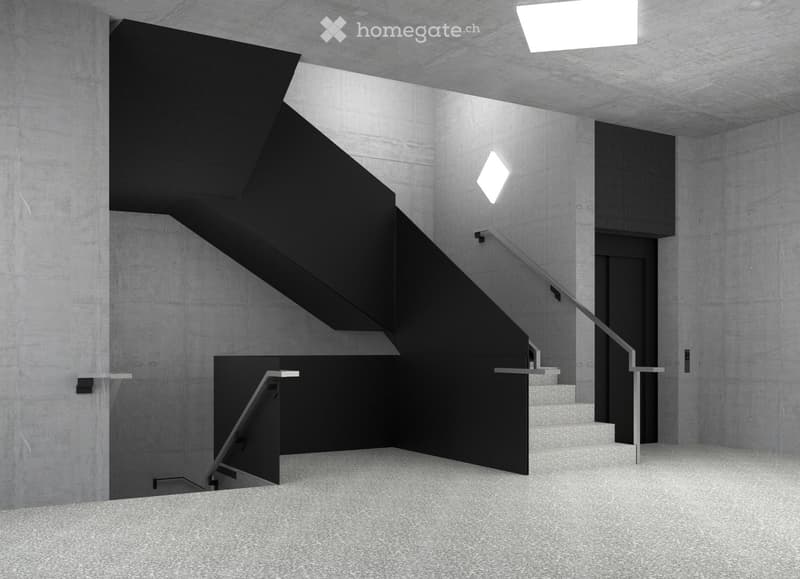 Modern, minimalist hallway with concrete walls and floors, featuring a staircase with black railings and geometric light fixtures.
