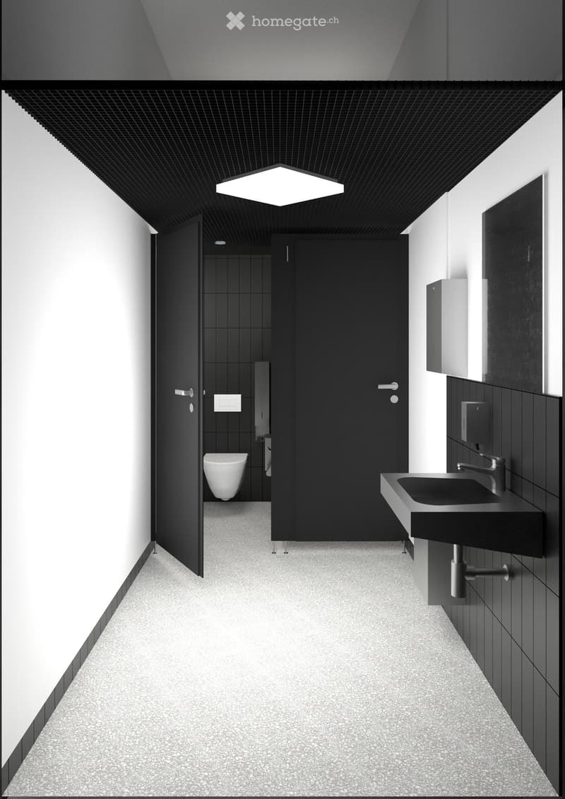 Modern bathroom with black tiled walls, white sink, chrome faucet, and toilet in a separate compartment.