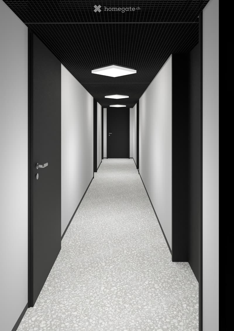 Modern hallway with black walls, white trim, and a textured gray stone floor. Features recessed lighting and two black doors.