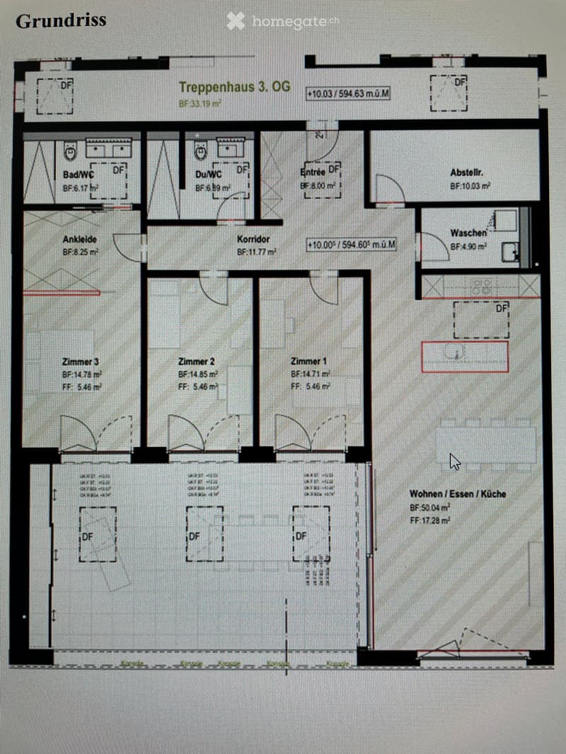 Floor plan of a 3-story building showing three bedrooms, two bathrooms, a living/dining/kitchen area, hallway, storage, and wash area.