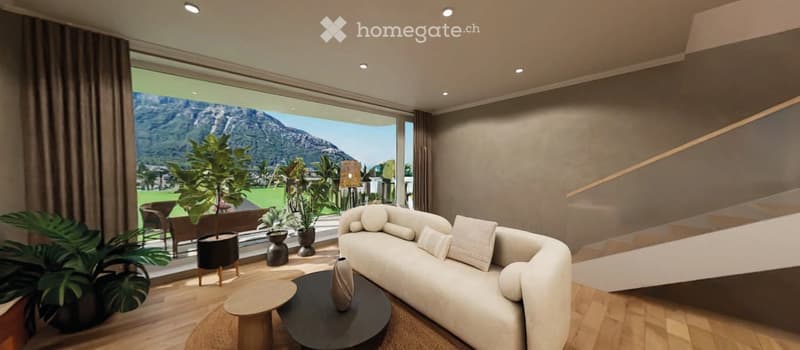 Living room, beige sofa, large window, wooden floor, plants, table