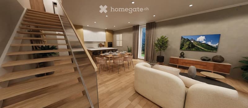 Modern open-plan living and dining area with wooden flooring, a curved white sofa, a coffee table, a large flat-screen TV, a dining table with chairs, and a staircase leading to an upper level.