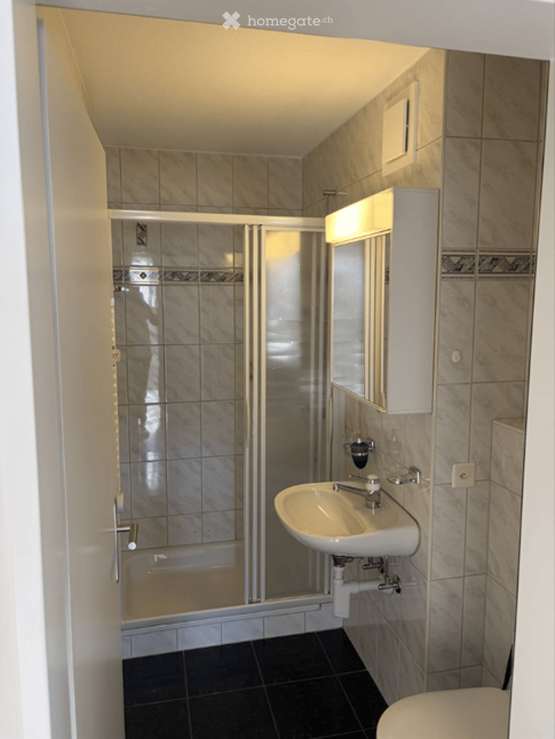 Modern bathroom with a white sink, mirror cabinet, and glass-enclosed shower stall. The walls are tiled in a light marble pattern, and the floor is dark tiled.