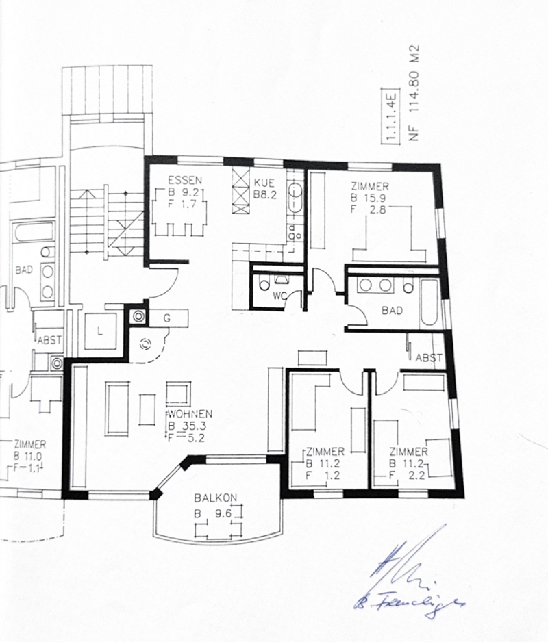 Floor plan of a multi-room apartment featuring a living area, dining area, kitchen, three bedrooms, two bathrooms, and a balcony.