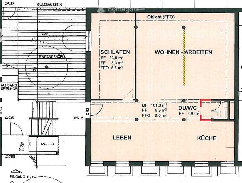 Floor plan showing a layout with labeled rooms: Schlafzimmer (bedroom), Wohnen-Arbeiten (living-work), Leben (living), Küche (kitchen), DU/WC (bathroom), and entrance areas.
