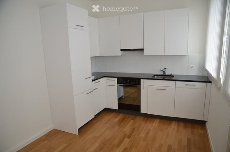 Modern kitchen with white cabinets, black countertops, and wooden flooring.