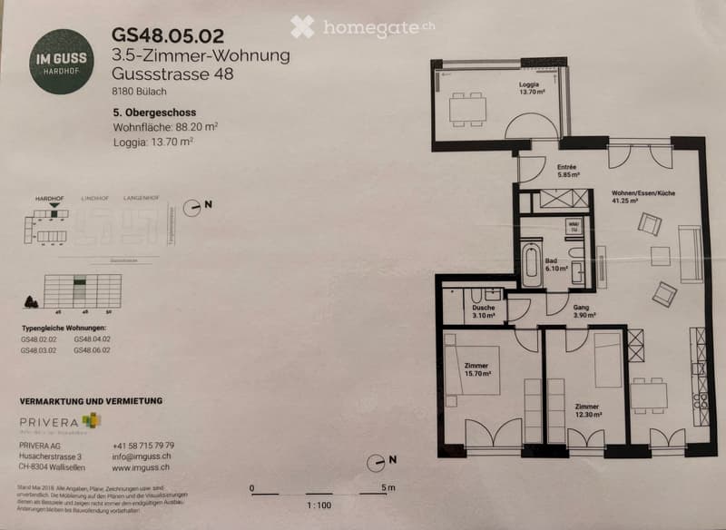 Floor plan of a 3.5-room apartment on the 5th floor, featuring a living/dining/kitchen area, two bedrooms, a bathroom, a shower, a hallway, and a loggia.
