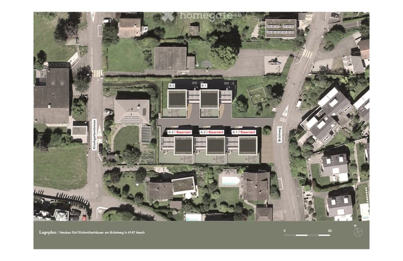 Aerial view of a residential area showing multiple houses, labeled A-1, A-2, A-3, B-1, and B-2, with surrounding greenery, roads, and a pool visible.
