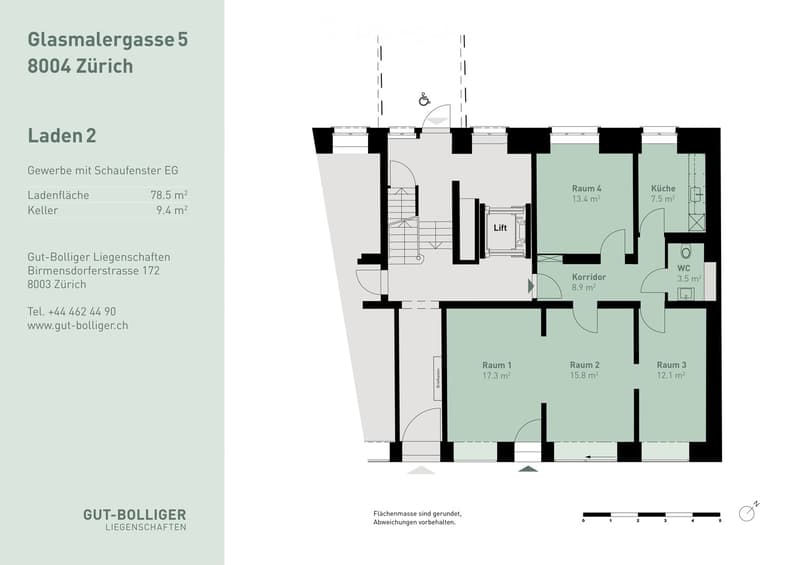 Floor plan of a commercial space with a storefront on the ground floor, featuring a kitchen, WC, and multiple rooms.