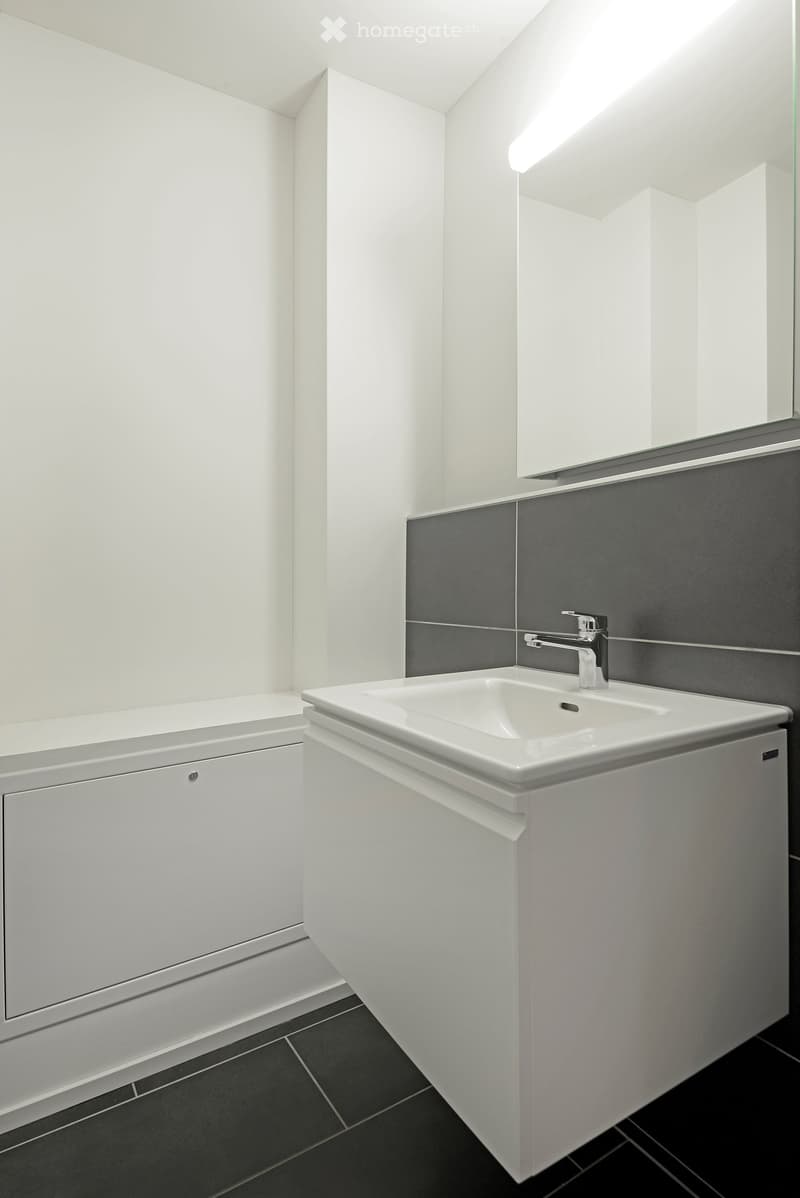 Modern bathroom with white sink, chrome faucet, white cabinet, and dark tiled floor.