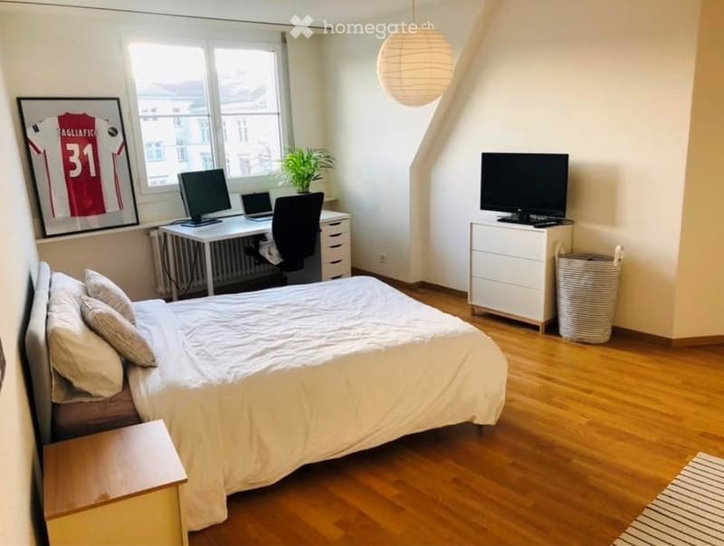 Cozy bedroom with a bed, desk, chair, laptop, TV, nightstand, plant, and picture frame on the wall.