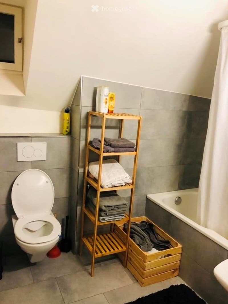 Bathroom with a toilet, bathtub, wooden shelf holding towels and cleaning supplies, and a small wooden crate with folded clothes.