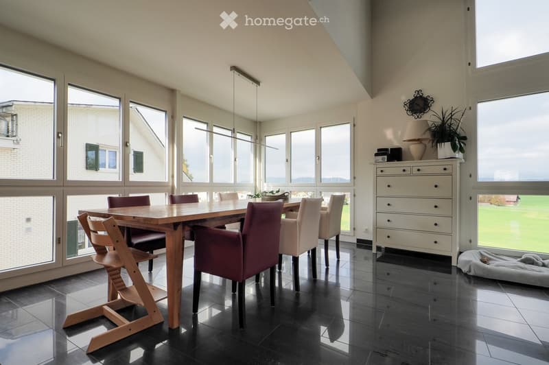 Bright dining area with large windows, wooden dining table, chairs, white cabinet, lamp, plant, and dog bed.