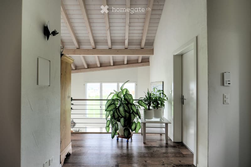 Bright hallway with wooden flooring, white walls, and a high wooden ceiling. Features include a small table with potted plants, a wall-mounted light fixture, and a large window with a view of the outdoors.