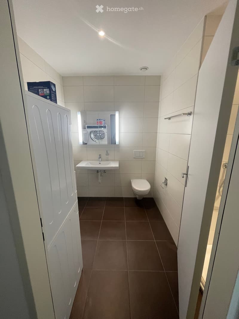 Modern bathroom with white tiles, a sink, toilet, mirror, and a washing machine reflected in the mirror. The floor is tiled in a dark brown color, and there is a white cabinet on the left side.