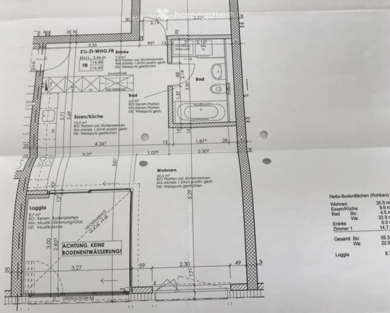 Floor plan of a 2-room apartment with living room, kitchen, bathroom, and balcony.