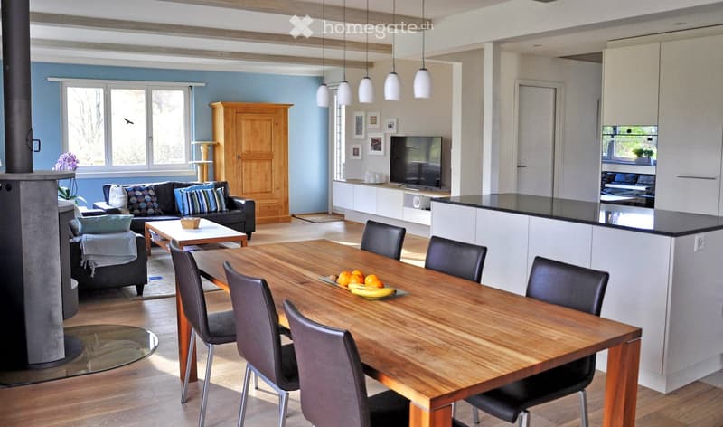 Open-plan living and dining area with a sofa, coffee table, dining table with chairs, television, kitchen counter, and a fireplace.