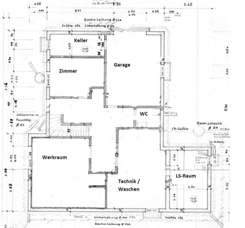 Floor plan of a basement level showing a garage, living space (Zimmer), utility room (Werkraum), technical/washing area (Technik / Waschen), WC, and LS-Raum.