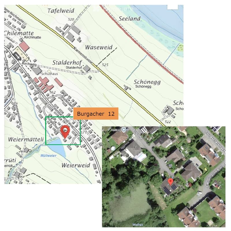 Map showing the location of Burgacher 12, a residential building in a suburban area with surrounding streets, neighboring houses, and green spaces.