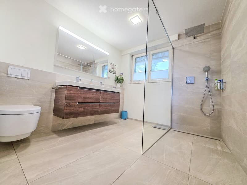 Modern bathroom with beige tiles, a wooden vanity with a sink, a toilet, a large mirror, and a glass-enclosed shower with a handheld showerhead. A small plant and a shower rack with toiletries are visible.