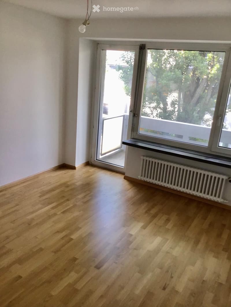 Empty room with wooden flooring, white walls, large window with view, and radiator under the window.
