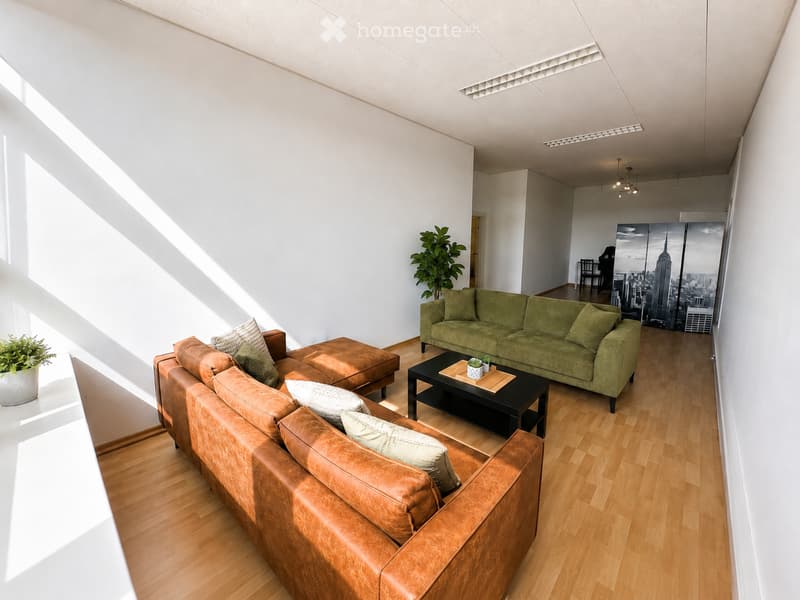 Modern living room with light wooden flooring, white walls, and large windows allowing natural light. Features a brown leather sofa, green velvet sofa, black coffee table, ottoman, and small potted plants.