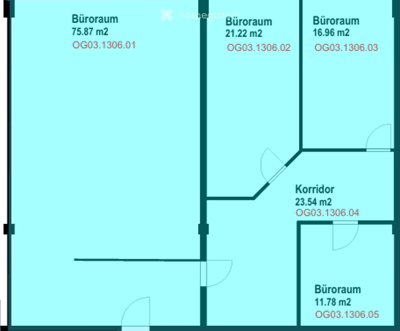 Floor plan showing four office rooms and a corridor. Office rooms are labeled with their respective sizes: 75.87 m², 21.22 m², 16.96 m², and 11.78 m². The corridor is 23.54 m².