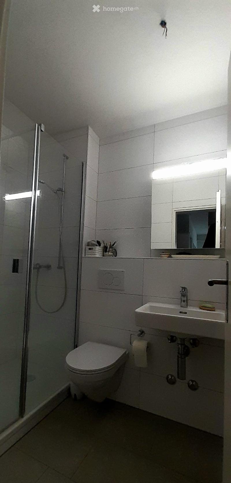 Modern bathroom with white tiles, a toilet, a sink with a mirror, a glass-enclosed shower, and a light fixture above the mirror.