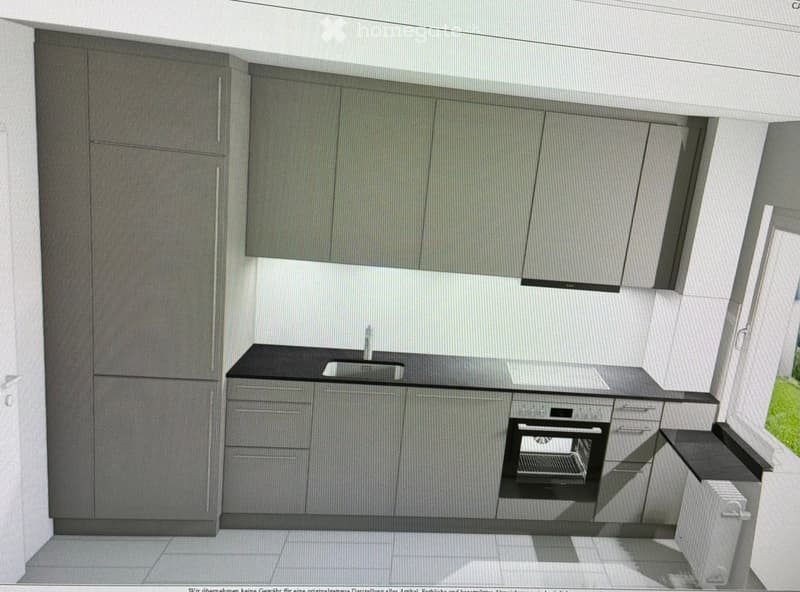 Modern kitchen with grey cabinets, black countertop, sink, and built-in oven.