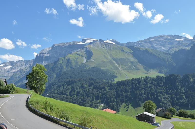 A scenic mountain landscape with a winding road, green hills, and scattered houses, surrounded by dense forests and towering peaks.