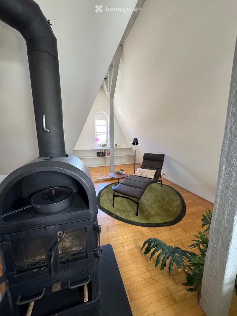 Cozy living space with a wood-burning stove, a lounge chair, a small table, and a green rug.