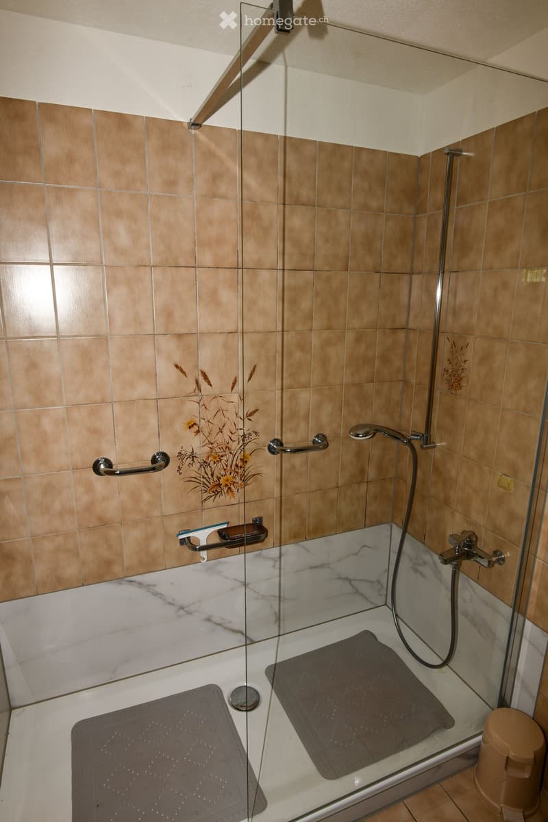 Bathtub with a glass shower enclosure, marble tiles, shower handle, handrail, and shower mats.