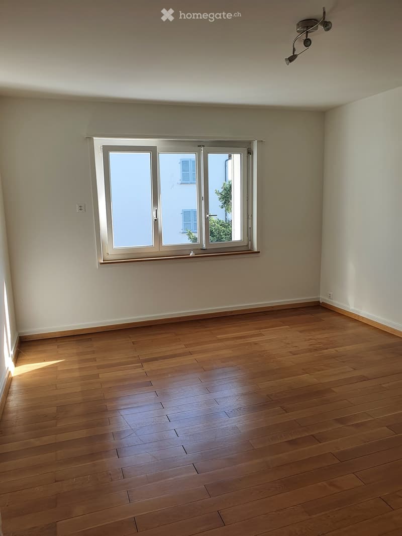 Empty room with wooden flooring and large window with white frame, allowing natural light to enter.