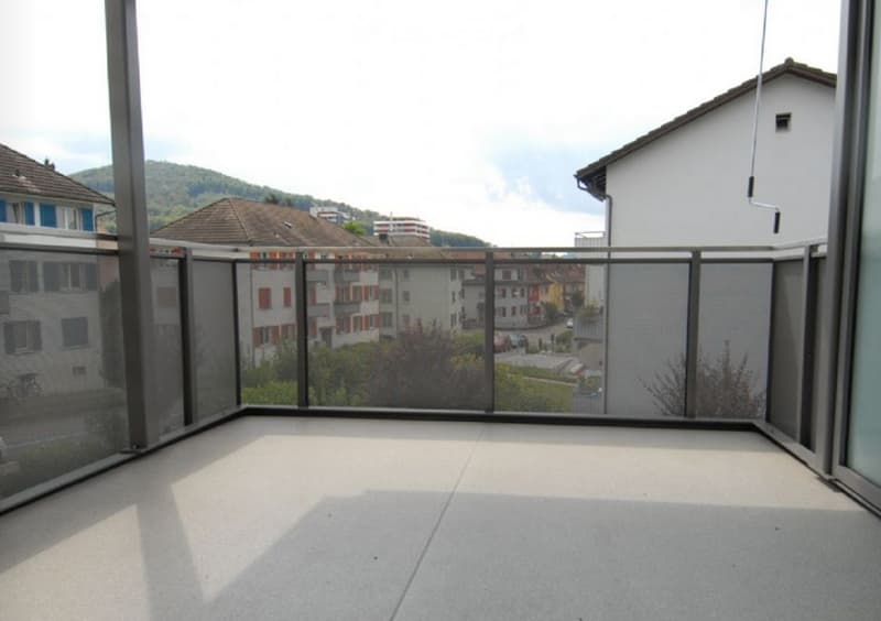 Balcony with modern glass railing, overlooking a residential area with houses and greenery.