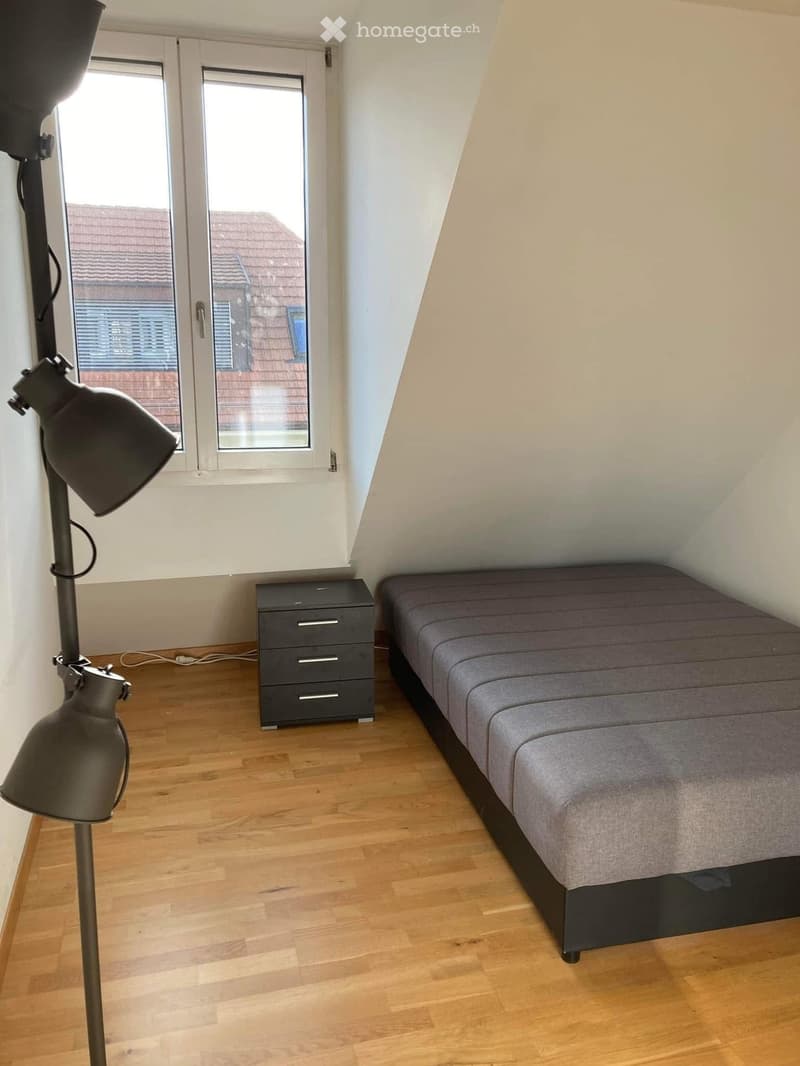 A modern, furnished room with wooden flooring, a grey sofa, a black drawer unit, and a tall floor lamp near the window.