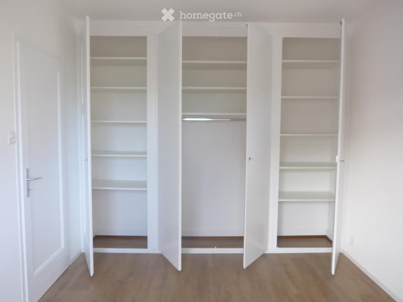 Empty room with wooden flooring and white built-in wardrobes with open shelves.
