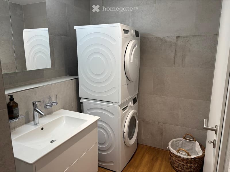 Modern bathroom with a white sink, faucet, mirror, stacked washing machine, and a wicker basket on the floor.