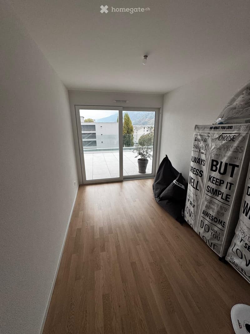 Empty room with wooden flooring, white walls, and a large sliding glass door leading to a balcony with a potted plant visible outside.