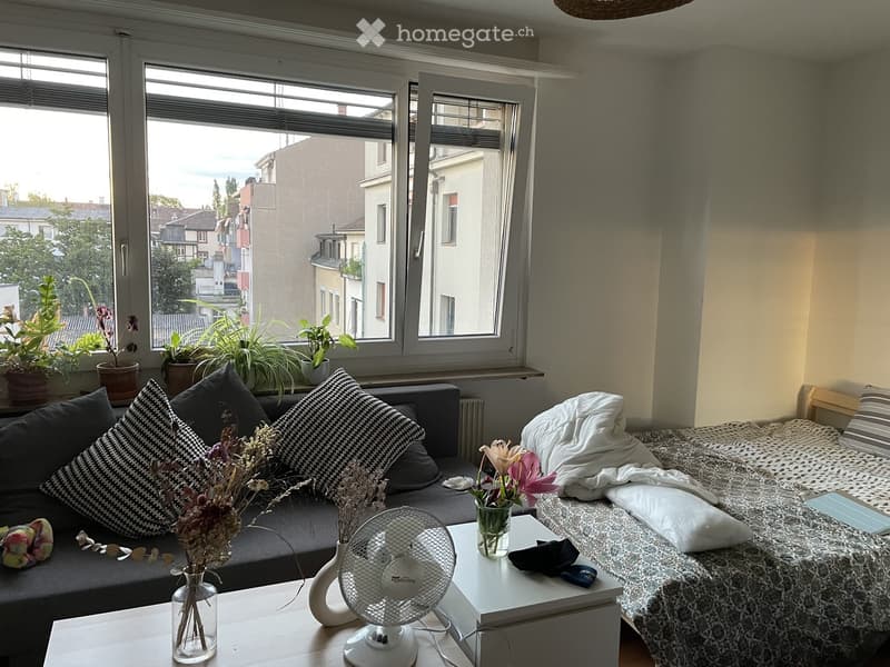 Cozy bedroom with a sofa, bed, small table, fan, and decorative vases. Large windows offer a view of the city and potted plants on the windowsill.