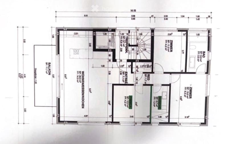 Floor plan of a residential unit featuring a living room, kitchen, two bedrooms, bathroom, entrance, and balcony.