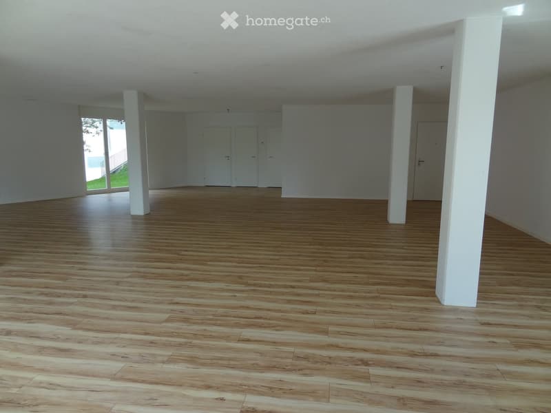 Empty room with wooden flooring, white walls, and white columns. There are large windows and doors leading outside.