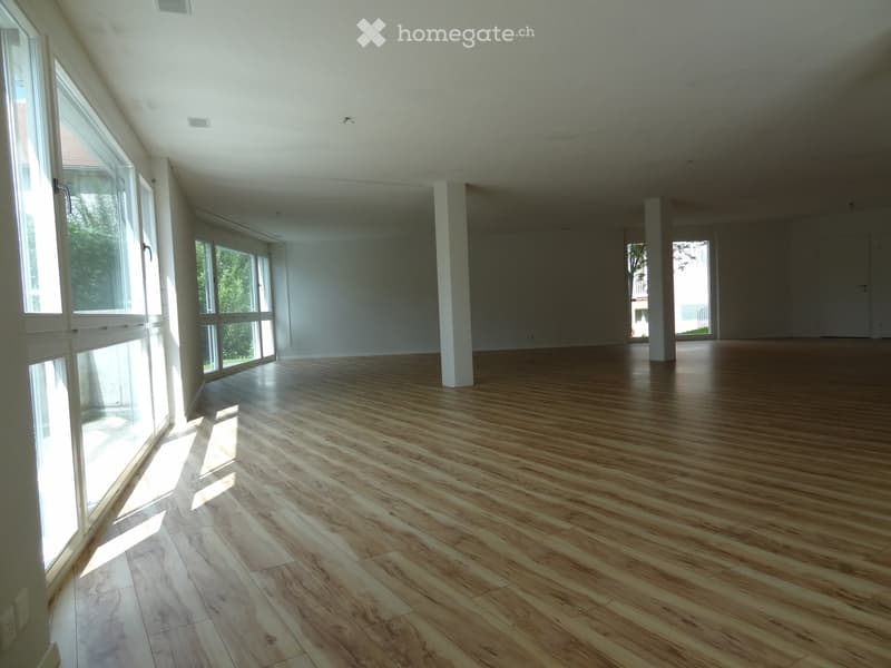 Empty room with wooden flooring, large windows, and white walls. No furniture or equipment present.