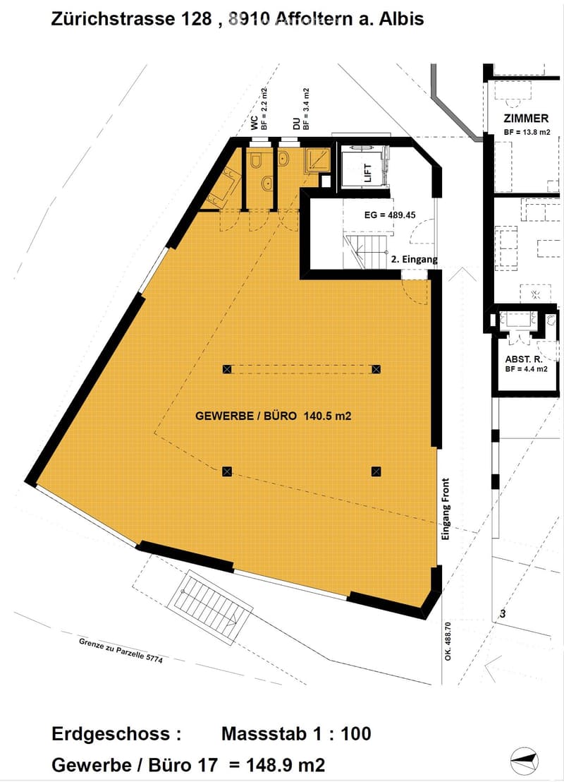 Floor plan of a commercial/office space on the ground floor, including a large open area labeled 'GEWERBE / BÜRO' (140.5 m²), a WC (22.2 m²), a DU (34.2 m²), a lift, and additional rooms labeled 'ZIMMER' (13.8 m²) and 'ABST. R.' (4.4 m²).